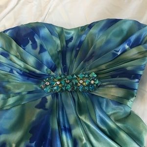 Cache Blue & Green Strapless Jeweled dress size 2
